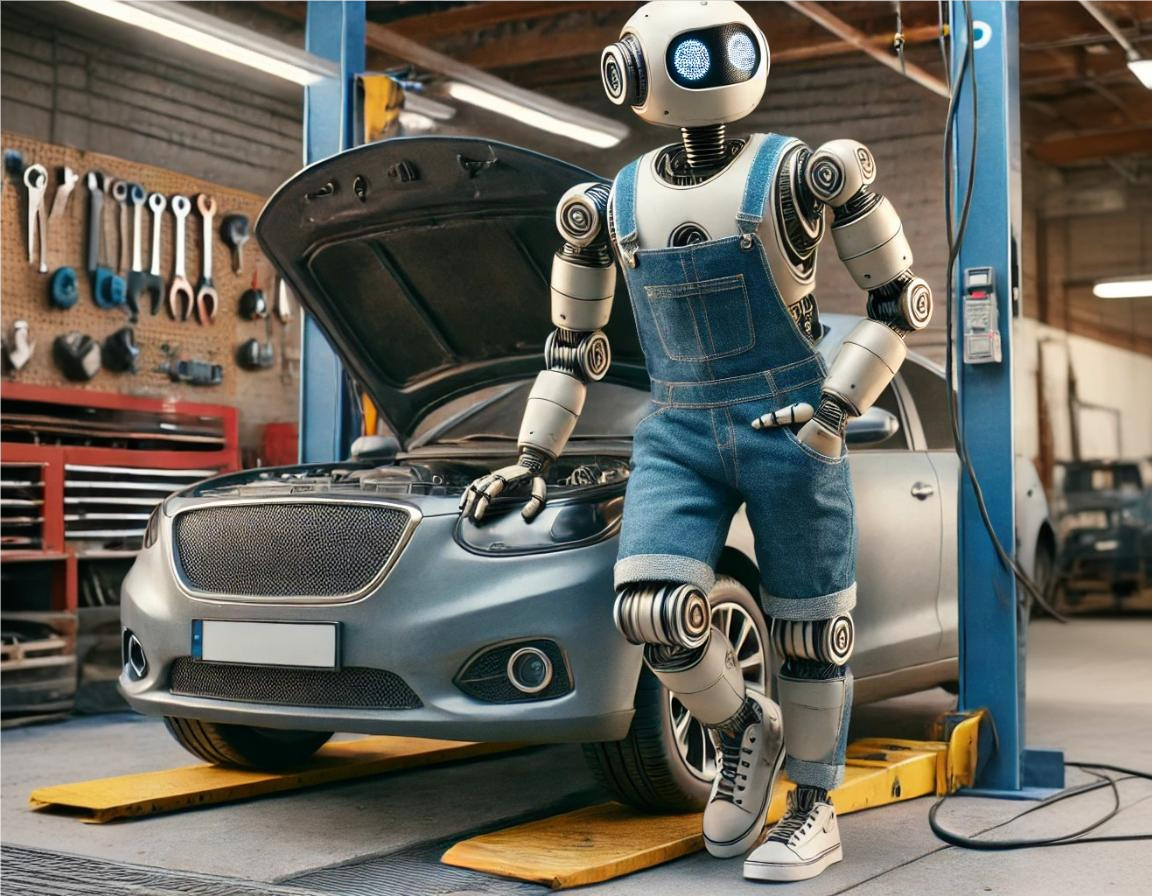 צ'אטבוט במדי מכונאי, המסמל את בוט מוטורס AI, נשען על רכב ומדגיש את השירות החכם של AI סוכן המטפל בצרכי הרכב שלך דרך צ'אטבוט מתקדם ואינטגרציה עם צ'אטבוט וואטסאפ.